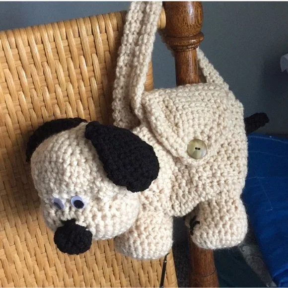 Hand Crafted Crochet Beige and Black Puppy Dog Purse Children’s Carry Toy - Picture 5 of 10